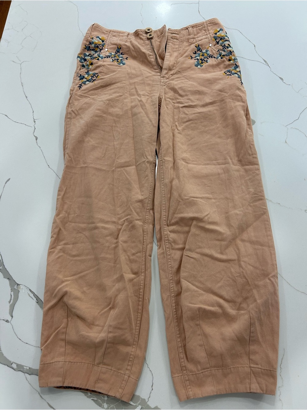 Anthropologie Peach Floral-Trim Pants